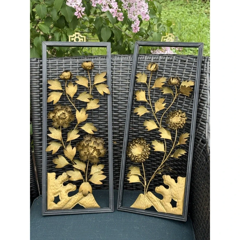 VTG Brass Metal MCM 3D Floral Wall Plaques Set Of 2 Wood Frame Hanging 20